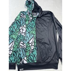 Dream Clothing Men’s Abstract Dream Green/White 1/2 Black Satin Hoodie Sz L